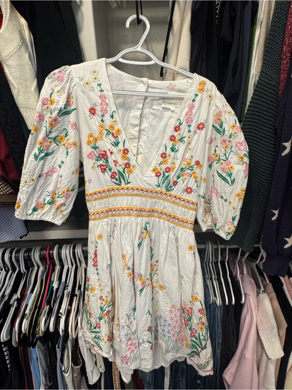 Anthropologie White Embroidered Floral V-Neck Mini Dress